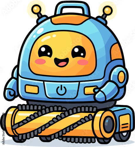 Cute blue robot vacuum cleaner with cartoon style, big eyes, smiling face, and yellow accents, isolated on white