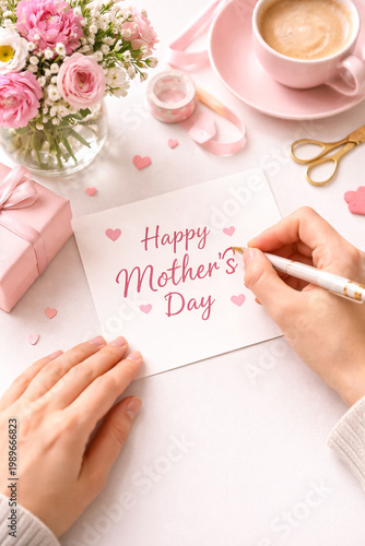 Close-up of hands writing “Happy Mother’s Day” on greeting card, minimal desk setup, soft natural light, clean and elegant composition.