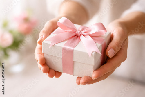 Close-up of hands giving wrapped gift box with ribbon, Mother’s Day concept, soft natural light, clean minimal background.