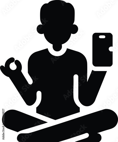 Man meditating with smartphone in hand representing digital detox and mindfulness in modern life flat icon for wellness apps