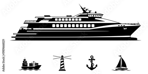 Passenger Ferry Catamaran Silhouette Vector - Marine Public Transit Icon