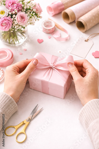 Close-up of hands wrapping gift with ribbon on table, Mother’s Day celebration concept, clean workspace, soft natural light.