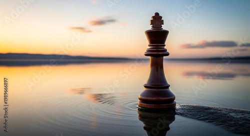 Wooden chess king piece standing on water surface at sunset landscape