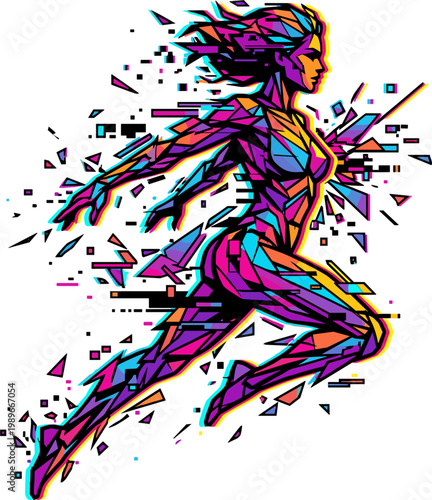 Dynamic abstract figure running, fragmented pixel art style, motion blur, vibrant colors, digital art, energy and speed concept