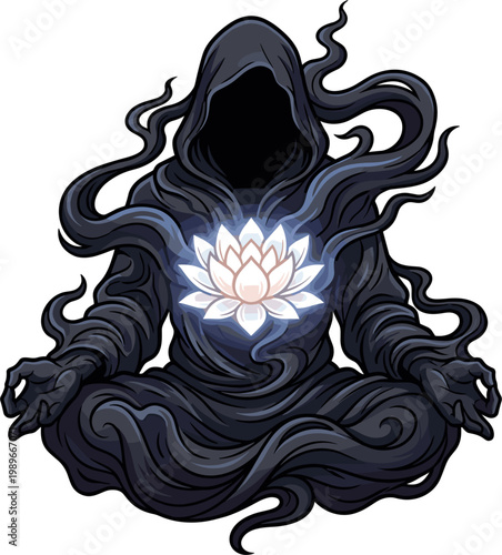 Figure in dark hooded cloak meditating with glowing lotus flower at chest, pixel art, spiritual, zen