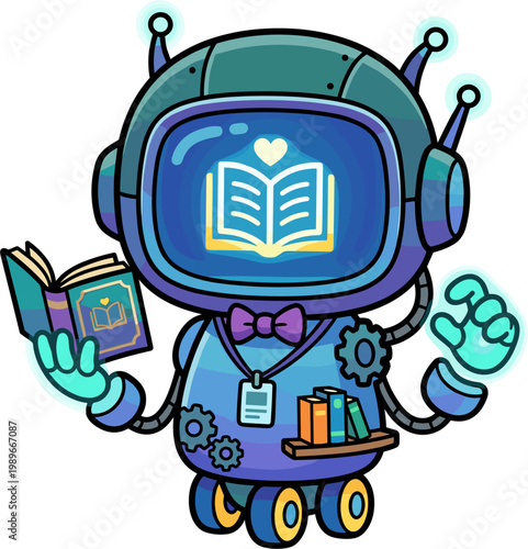 Friendly robot character holding an open book, with an illuminated open book symbol on its screen, representing knowledge and learning, cute cartoon style