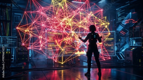 A futuristic tech environment where a specialist interacts with a digital interface, visualizing data networks and artificial intelligence systems, highlighting innovation, connectivity, and advanced 