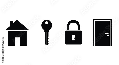 Black icons of house key lock.