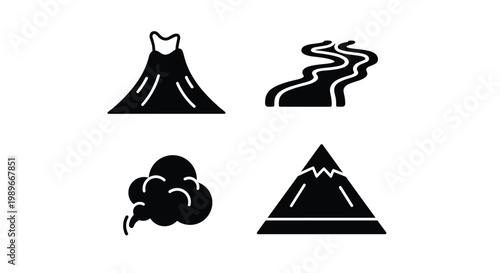 Black icons of mountains and volcano.