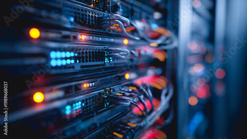 A close-up of a server rack filled with high-performance hardware components, with ports,cables,fiber optics, and flashing LED lights clearly visible, with subtle imperfections in the metal texture.