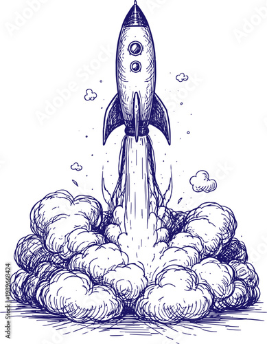 Hand Drawn Sketch of Rocket Taking Off Vector Illustration, Minimalist Space Launch Line Art, Vintage Style Ink Drawing Isolated on White Background