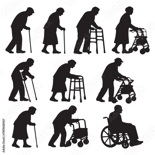 Elderly People Walking Aid Silhouettes – Senior Vector Collection