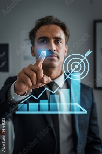 A modern businessman interacting with a futuristic holographic interface showing a rising arrow hitting a target