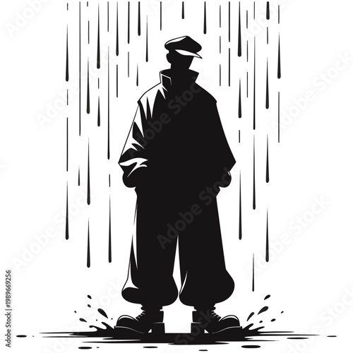 Silhouette of a sad man wearing a cap standing in the rain after a defeat