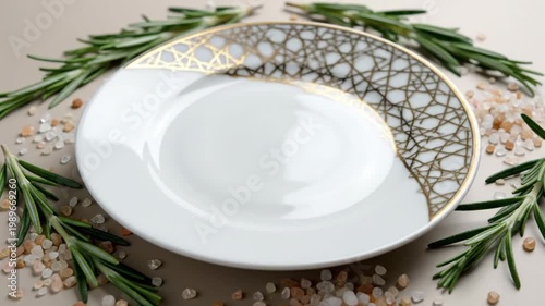 Elegant White Plate with Gold Geometric Pattern Rotating with Rosemary and Sea Salt on Beige Background
