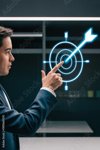 Businessman Using Holographic Interface with Rising Graph Arrow and Target Business Growth Strategy Concept