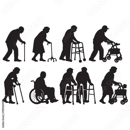Elderly People Walking Aid Silhouettes – Senior Vector Collection