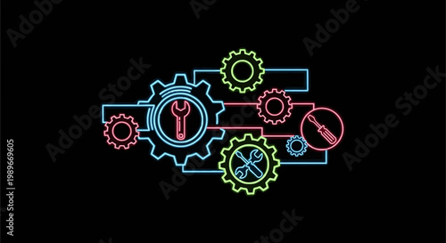 Vivid neon outline illustration featuring interconnected gears and essential tools, representing advanced technological settings, intricate system configurations, and efficient engineering solutions