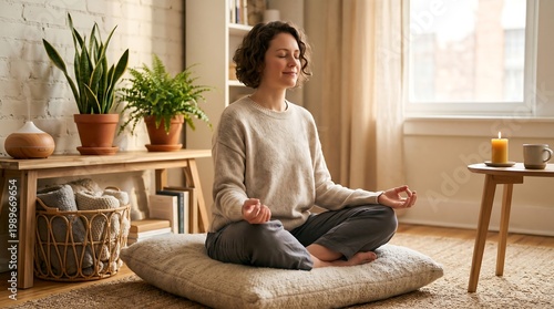 A woman practicing meditation at home, sitting cross-legged in a calm, cozy living space with natural light, promoting mindfulness, relaxation, and mental wellness in a peaceful environment.