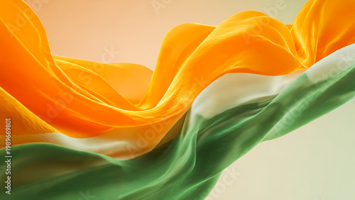 A flowing abstract fabric texture, inspired by saffron, white, and green, with a soft gradient and smooth transitions, represents the venerable culture of the tricolor.