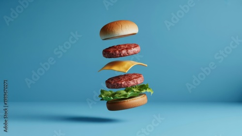 Floating burger ingredients with bun beef patties cheese and lettuce on a blue background