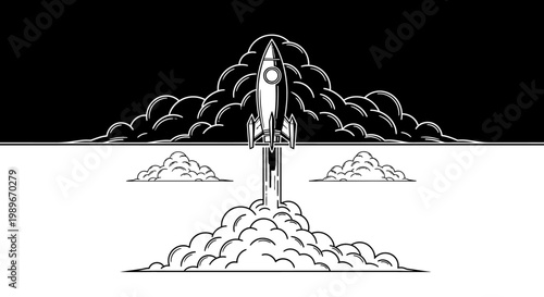 Black and white illustration of a rocket launching into space with smoke.