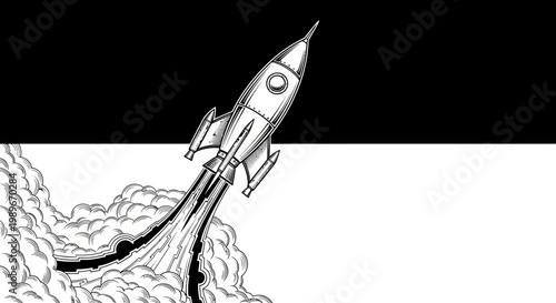 A rocket ship blasting off into space.