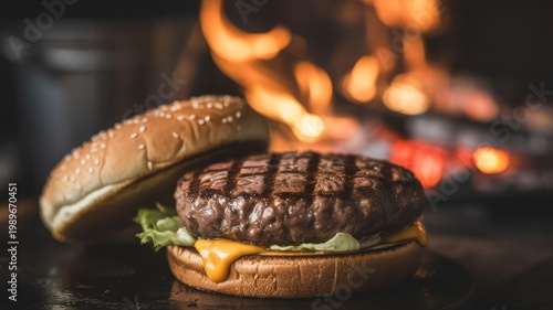 Grilled beef burger patty with melted cheese and sesame bun over open fire