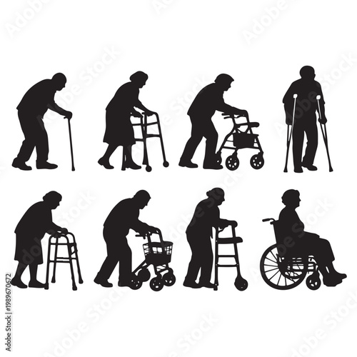 Elderly People Walking Aid Silhouettes – Senior Vector Collection