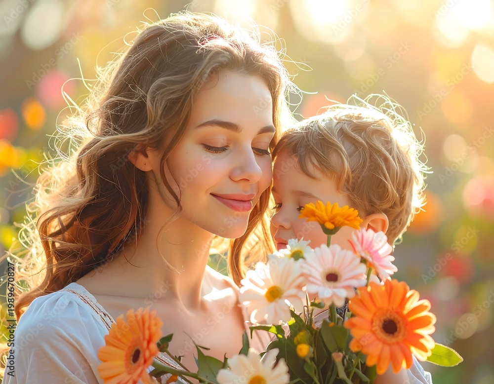 Fototapeta premium A tender moment of a woman and a child with flowers