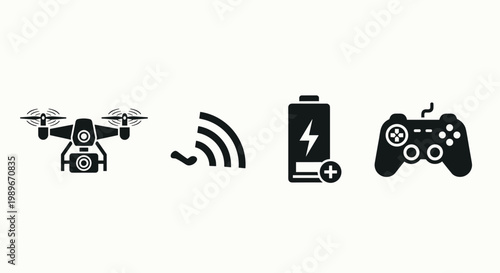 Drone with remote controller and battery.