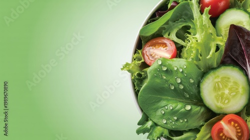 Fresh green salad bowl with sliced cucumbers and cherry tomatoes on light green background