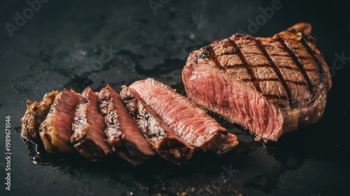 Sliced grilled ribeye steak with dark char marks on a black stone surface
