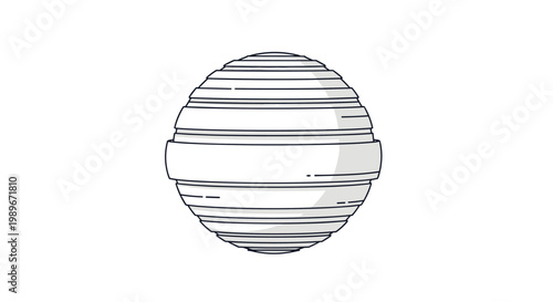 Black and white line drawing of a sphere with horizontal stripes and rings suggesting a planet like Jupiter on white.