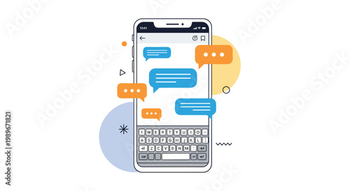 Modern smartphone interface displaying a messaging application with colorful speech bubbles and a keyboard.