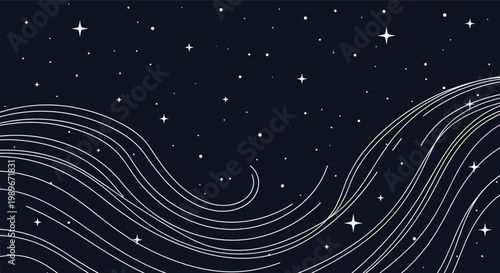 Magical night sky background featuring twinkling stars, planets, and flowing white lines representing waves or wind.