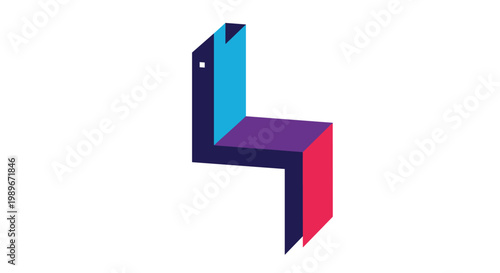 Colorful three dimensional abstract geometric shape with bright blue, purple, and pink planes on white background.