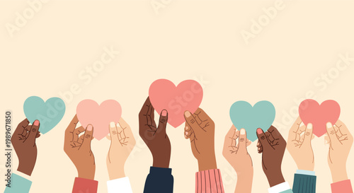 Diverse group of hands with various skin tones holding up heart shapes to represent love, kindness, and unity.