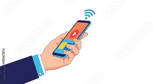 Hand holding a smartphone with a video player screen displaying a play button and a blue wireless wifi signal.