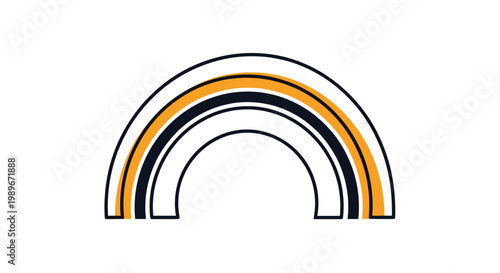 Graphic illustration of a multi layered rainbow arc with dark blue, white, and yellow bands on a white backdrop.