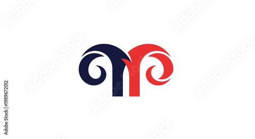 Stylized ram horns icon representing the Aries zodiac sign in dark blue and red colors for modern astrology and brand logo designs.