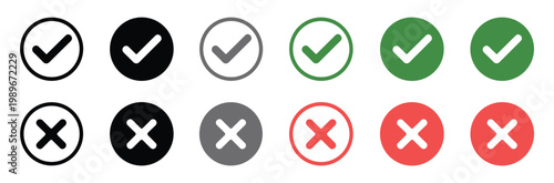 Checkmark and Cross Mark: A collection of checkmark and cross mark icons, in multiple colors and styles, symbolizing choices, decisions, and approval or rejection.