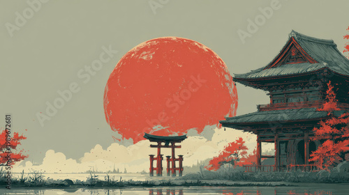 Vintage style Japanese pagoda and torii gate with giant red moon over water