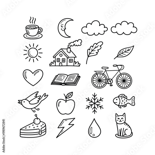 Hand drawn doodle icon set featuring coffee moon clouds sun house leaves heart book bicycle bird apple and animals