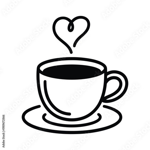 Minimalist line art icon of a coffee cup with heart shaped steam on a saucer for cafe branding beverage caffeine