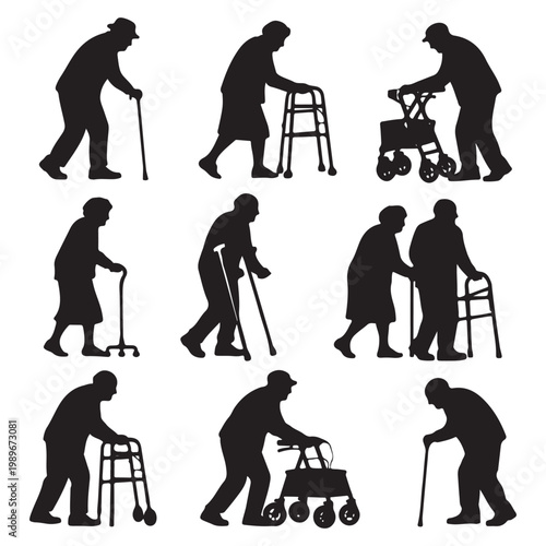 Elderly People Walking Aid Silhouettes – Senior Vector Collection