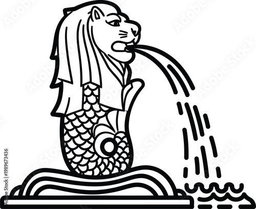 Merlion statue, black and white lion head, fish body, water spout