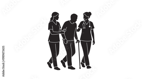 Two nurses assist an elderly man with a cane, offering support and care.