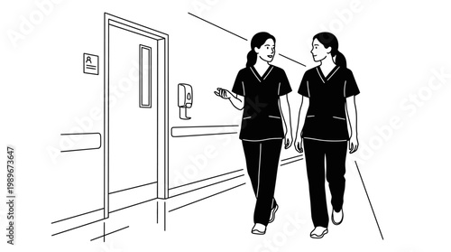 Two female nurses in scrubs walking and talking in a hospital hallway.
