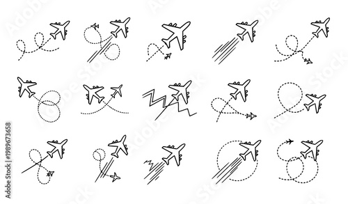 Flying airplane dashed route path collection with spiral curved travel line vector icons